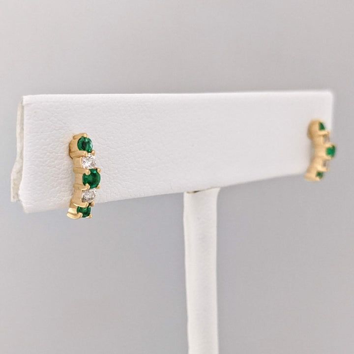 14K EMERALD ROUND (6)2MM DIAMOND ROUND (4) DROP ESTATE EARRINGS 1.3 GRAMS