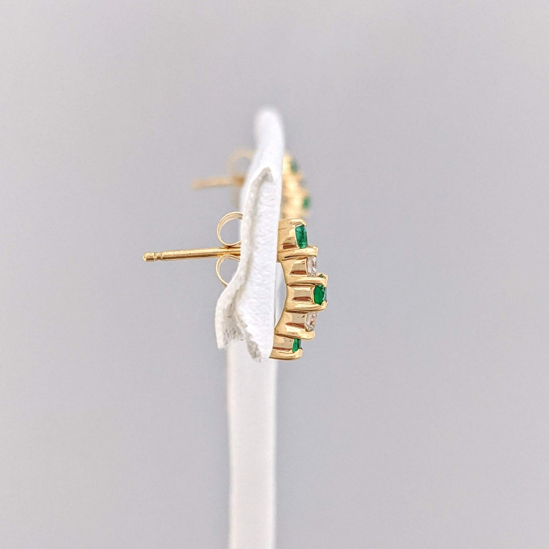 14K EMERALD ROUND (6)2MM DIAMOND ROUND (4) DROP ESTATE EARRINGS 1.3 GRAMS