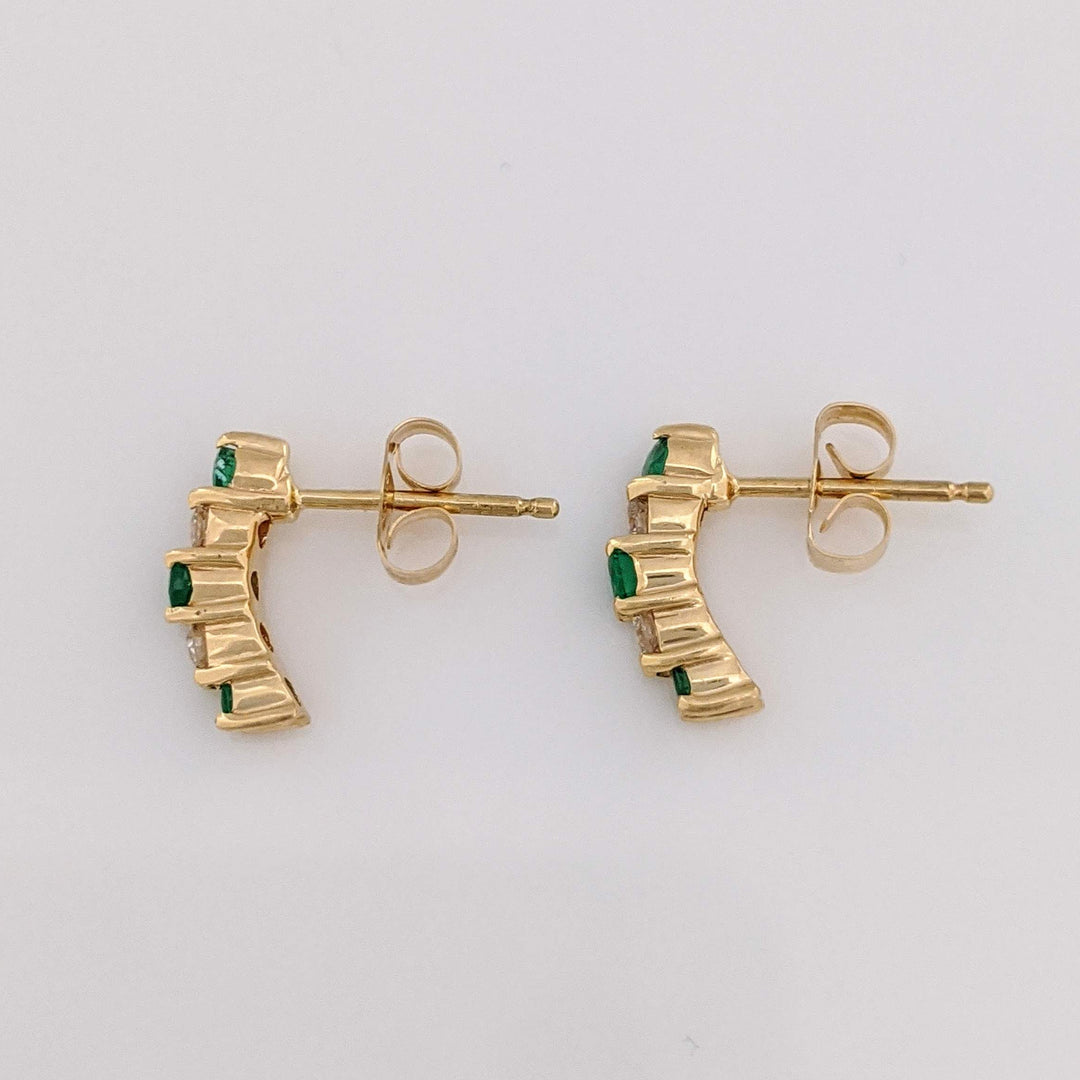 14K EMERALD ROUND (6)2MM DIAMOND ROUND (4) DROP ESTATE EARRINGS 1.3 GRAMS