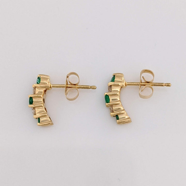 14K EMERALD ROUND (6)2MM DIAMOND ROUND (4) DROP ESTATE EARRINGS 1.3 GRAMS