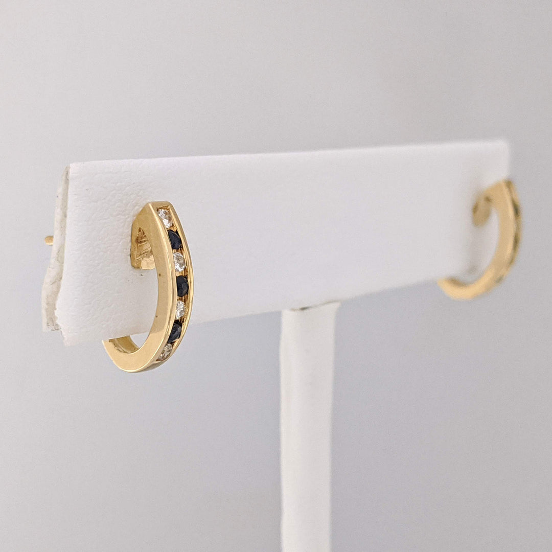 14K SAPPHIRE ROUND (6) 1.5MM WITH (8) MELEE ESTATE CHANNEL J-HOOP ESTATE EARRINGS 1.9 GRAMS