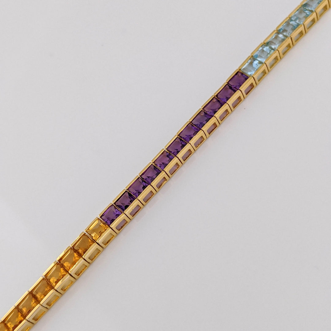 14K GARNET, BLUE TOPAZ, AMETHYST, CITRINE, PERIDOT 3MM PRINCESS CUT ESTATE BRACELET 9.2 GRAMS