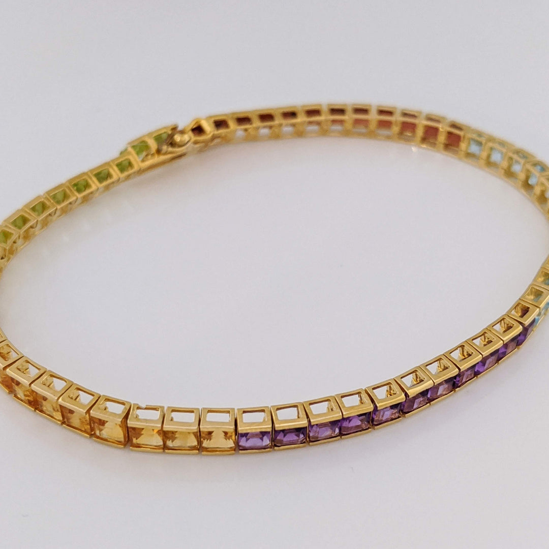 14K GARNET, BLUE TOPAZ, AMETHYST, CITRINE, PERIDOT 3MM PRINCESS CUT ESTATE BRACELET 9.2 GRAMS