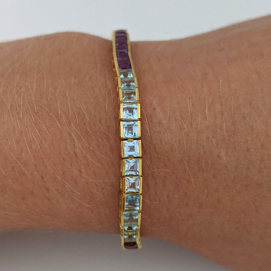 14K GARNET, BLUE TOPAZ, AMETHYST, CITRINE, PERIDOT 3MM PRINCESS CUT ESTATE BRACELET 9.2 GRAMS
