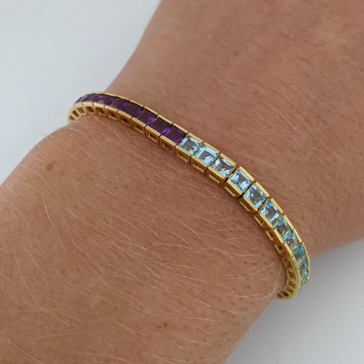 14K GARNET, BLUE TOPAZ, AMETHYST, CITRINE, PERIDOT 3MM PRINCESS CUT ESTATE BRACELET 9.2 GRAMS