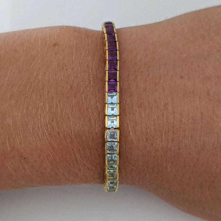 14K GARNET, BLUE TOPAZ, AMETHYST, CITRINE, PERIDOT 3MM PRINCESS CUT ESTATE BRACELET 9.2 GRAMS