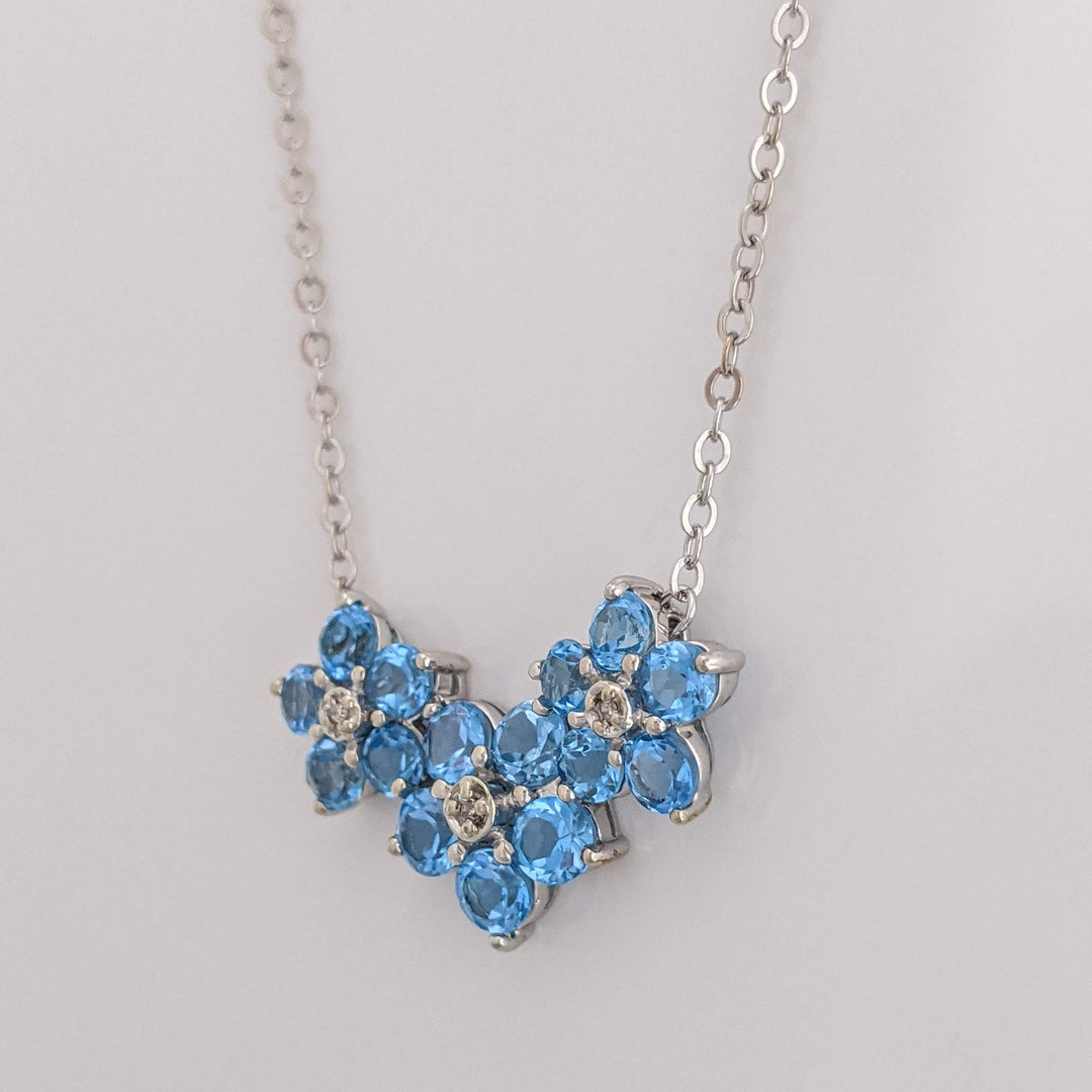10K WHITE BLUE TOPAZ ROUND (15) 3.5MM FLORAL WITH MELEE ESTATE NECKLACE 4.3 GRAMS