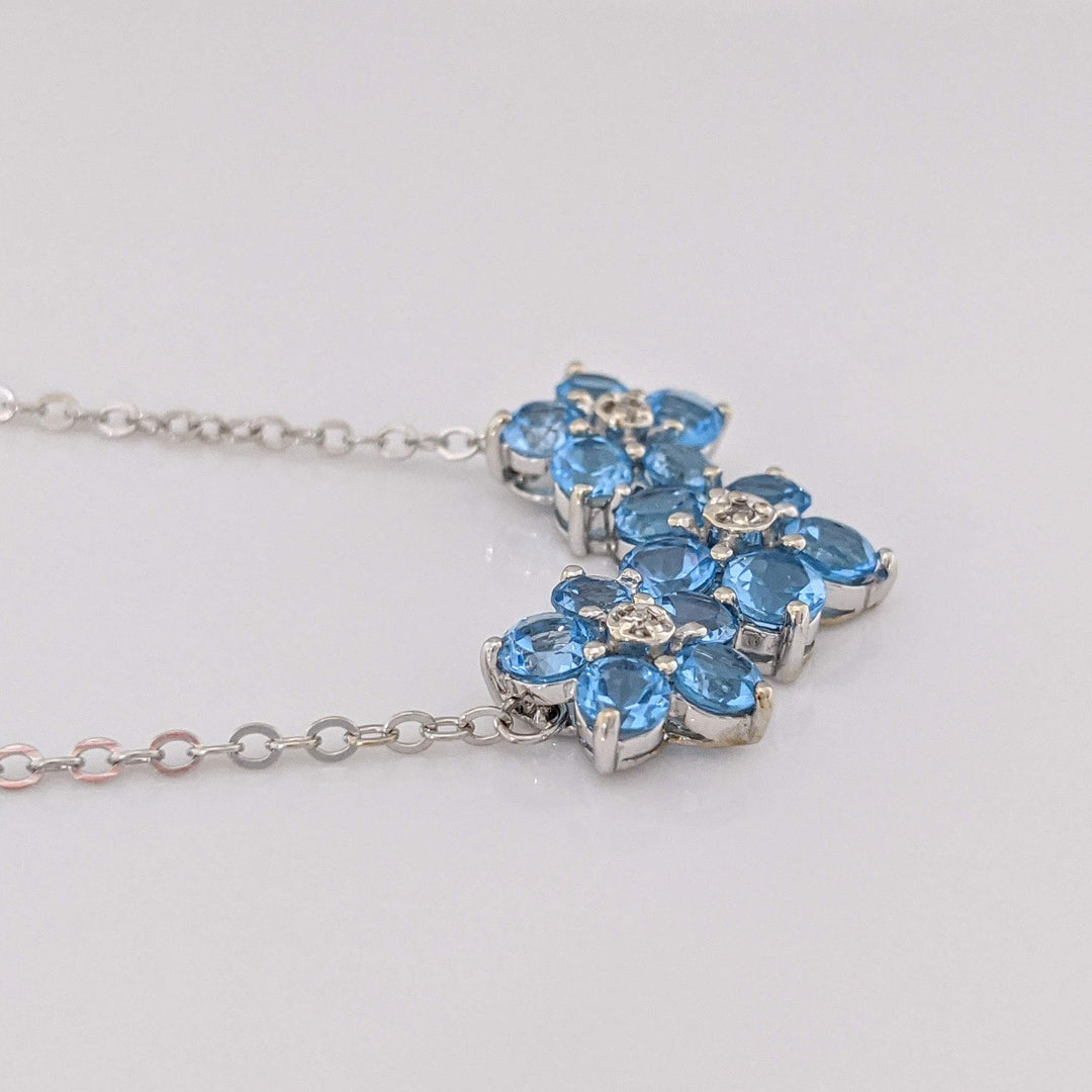 10K WHITE BLUE TOPAZ ROUND (15) 3.5MM FLORAL WITH MELEE ESTATE NECKLACE 4.3 GRAMS