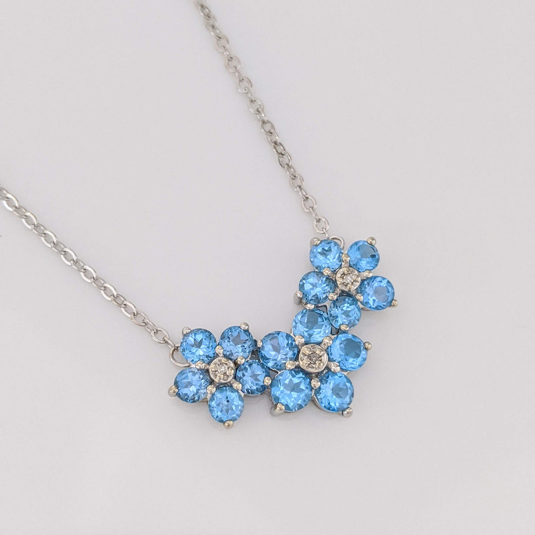 10K WHITE BLUE TOPAZ ROUND (15) 3.5MM FLORAL WITH MELEE ESTATE NECKLACE 4.3 GRAMS