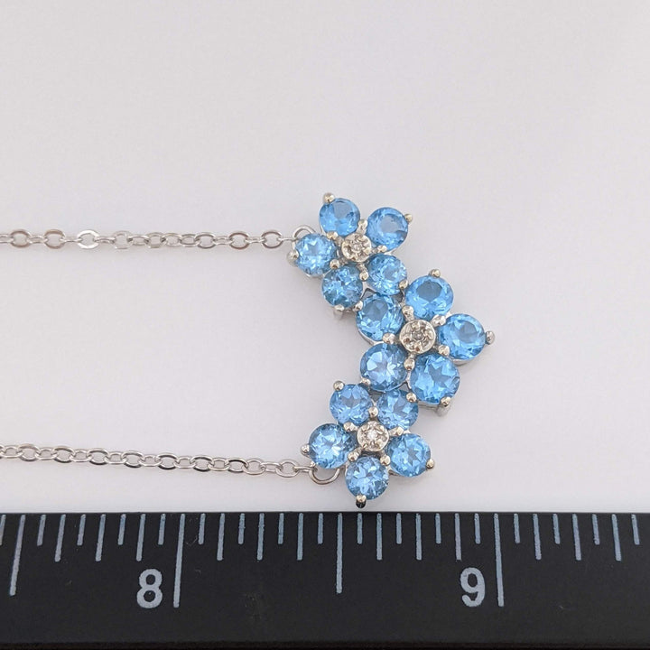 10K WHITE BLUE TOPAZ ROUND (15) 3.5MM FLORAL WITH MELEE ESTATE NECKLACE 4.3 GRAMS