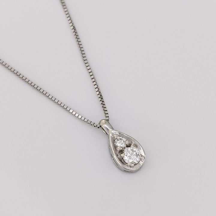14K WHITE .26 CARAT TOTAL WEIGHT SI2 H DIAMOND ROUND (2) PEAR SHAPED ESTATE PENDANT & CHAIN 3.4 GRAMS