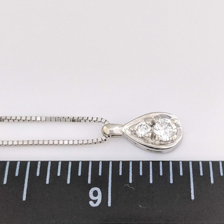 14K WHITE .26 CARAT TOTAL WEIGHT SI2 H DIAMOND ROUND (2) PEAR SHAPED ESTATE PENDANT & CHAIN 3.4 GRAMS