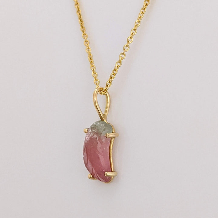 14K WATERMELON TOURMALINE HALF MOON ESTATE PENDANT & CHAIN 2.3 GRAMS