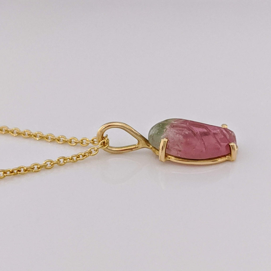 14K WATERMELON TOURMALINE HALF MOON ESTATE PENDANT & CHAIN 2.3 GRAMS
