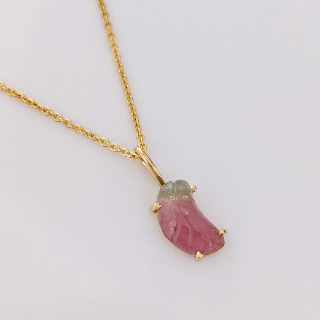 14K WATERMELON TOURMALINE HALF MOON ESTATE PENDANT & CHAIN 2.3 GRAMS