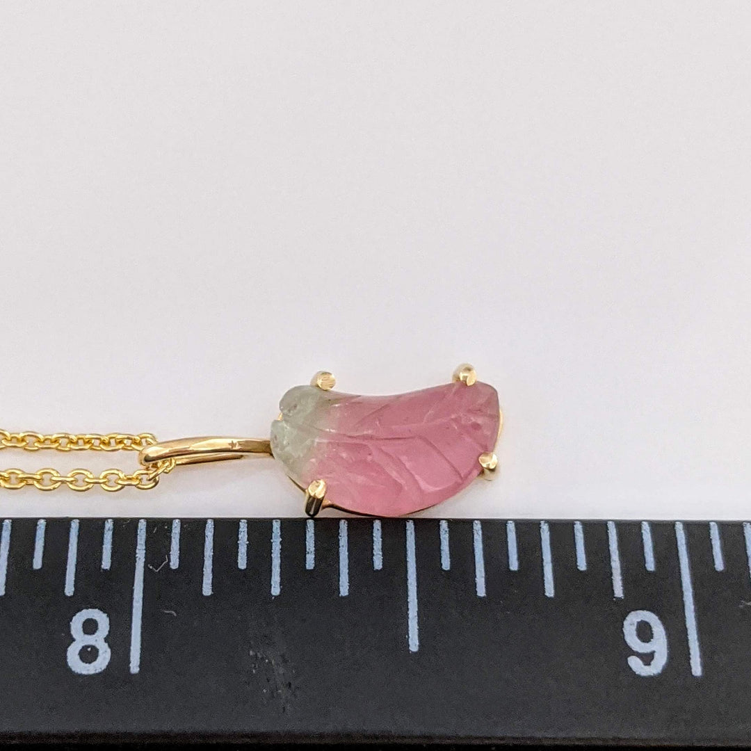 14K WATERMELON TOURMALINE HALF MOON ESTATE PENDANT & CHAIN 2.3 GRAMS