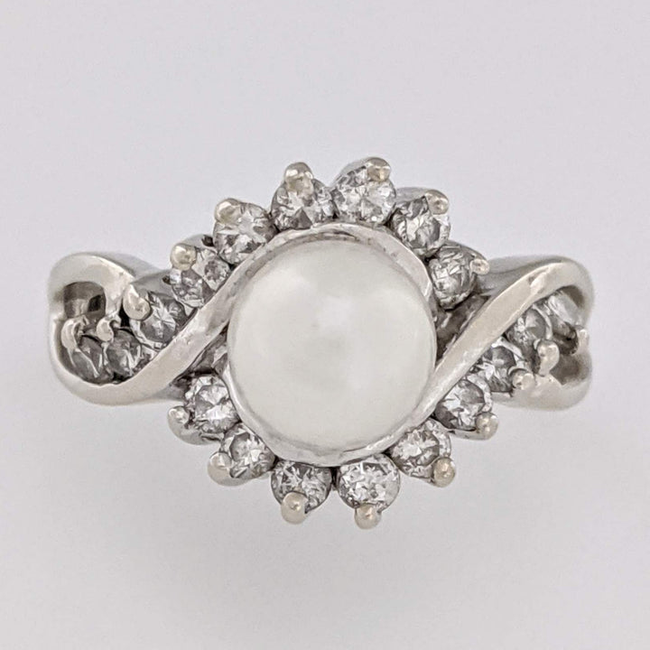 14K WHITE PEARL ROUND 6.5MM WITH .36 DIAMOND TOTAL WEIGHT ESTATE RING 4.4 GRAMS