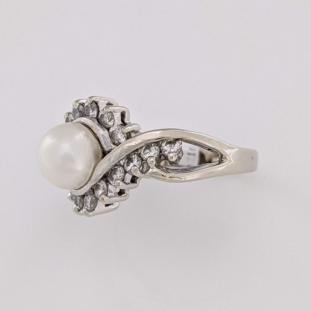 14K WHITE PEARL ROUND 6.5MM WITH .36 DIAMOND TOTAL WEIGHT ESTATE RING 4.4 GRAMS
