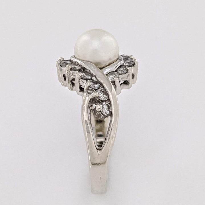 14K WHITE PEARL ROUND 6.5MM WITH .36 DIAMOND TOTAL WEIGHT ESTATE RING 4.4 GRAMS