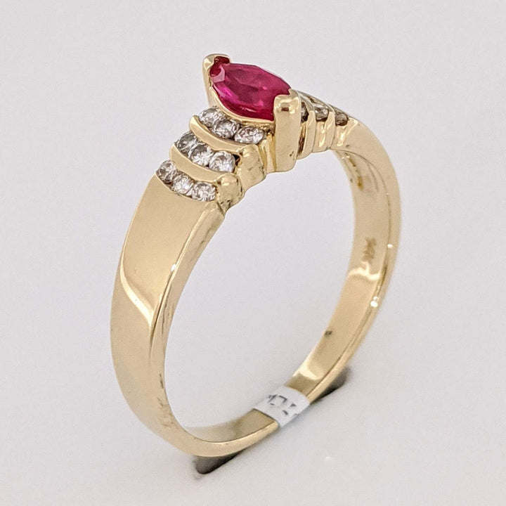 14K RUBY MARQUISE 3X6 WITH .18 DIAMOND TOTAL WEIGHT ROUND (18) ESTATE RING 2.8 GRAMS