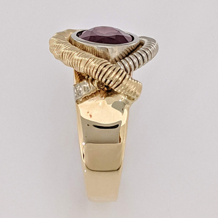 14K RHODOLITE GARNET OVAL 7X10 BEZEL WIRE ESTATE RING 8.7 GRAMS