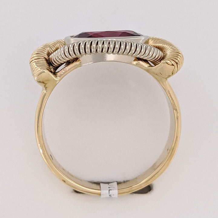 14K RHODOLITE GARNET OVAL 7X10 BEZEL WIRE ESTATE RING 8.7 GRAMS