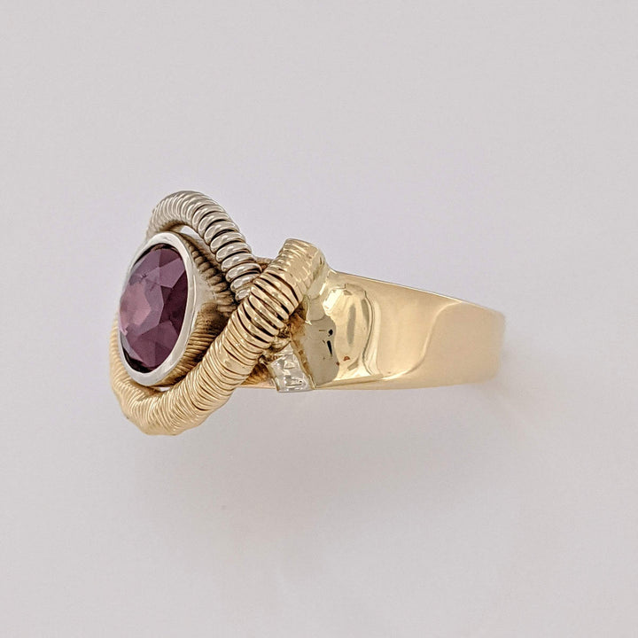 14K RHODOLITE GARNET OVAL 7X10 BEZEL WIRE ESTATE RING 8.7 GRAMS