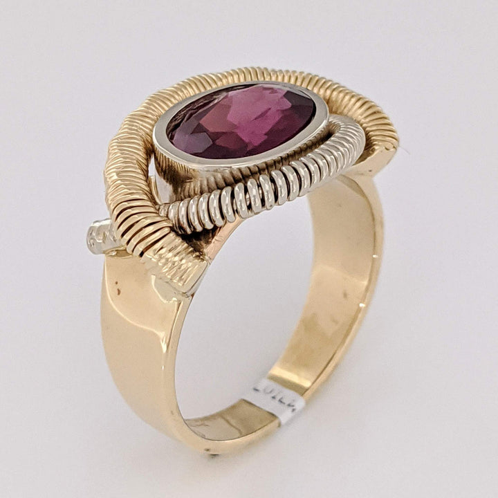 14K RHODOLITE GARNET OVAL 7X10 BEZEL WIRE ESTATE RING 8.7 GRAMS