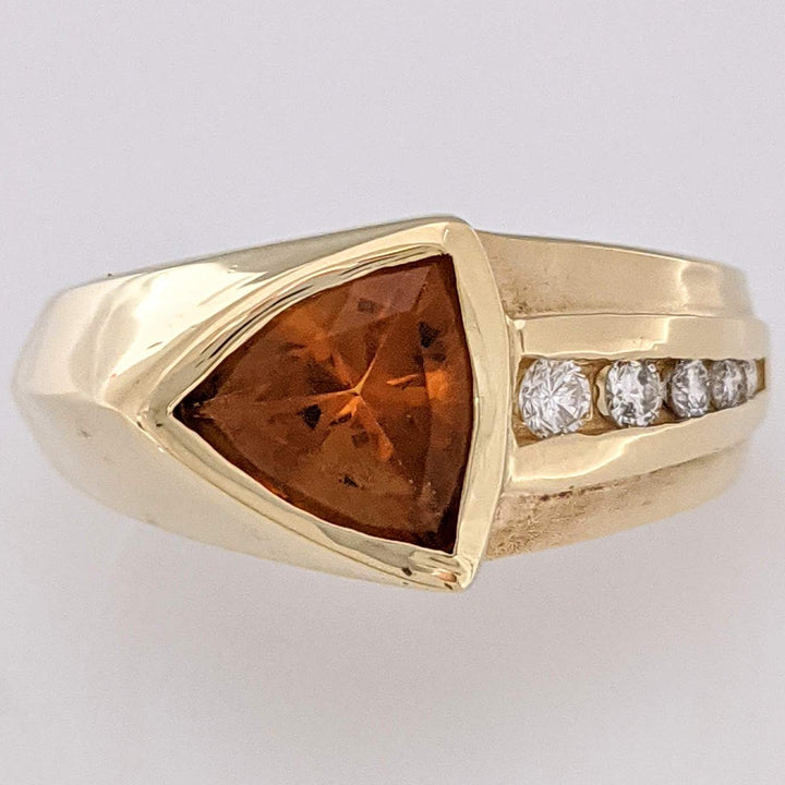 14K CITRINE TRILLION CUT 8MM BEZEL WITH (5) MELEE ESTATE RING 6.6 GRAMS