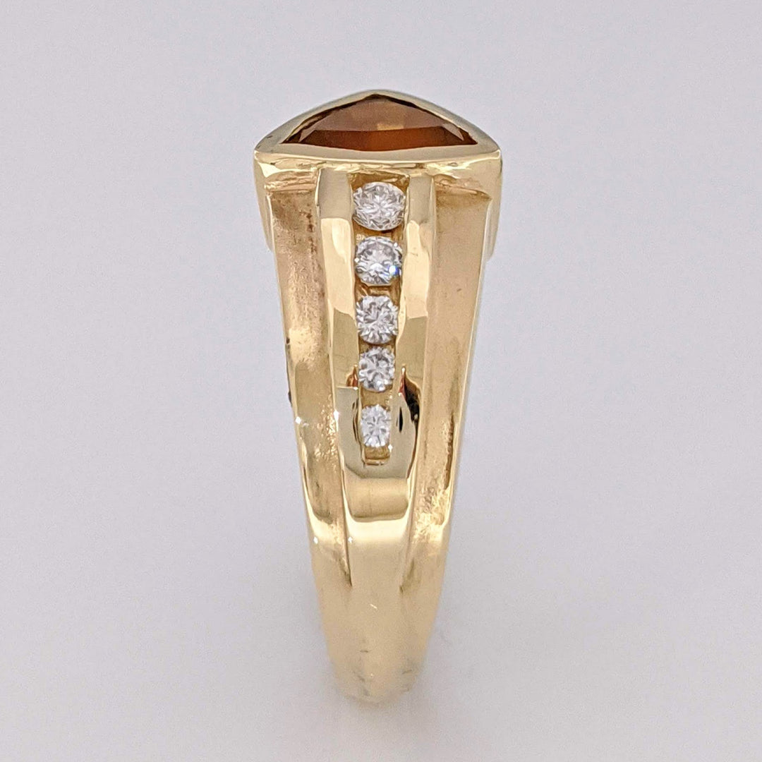 14K CITRINE TRILLION CUT 8MM BEZEL WITH (5) MELEE ESTATE RING 6.6 GRAMS