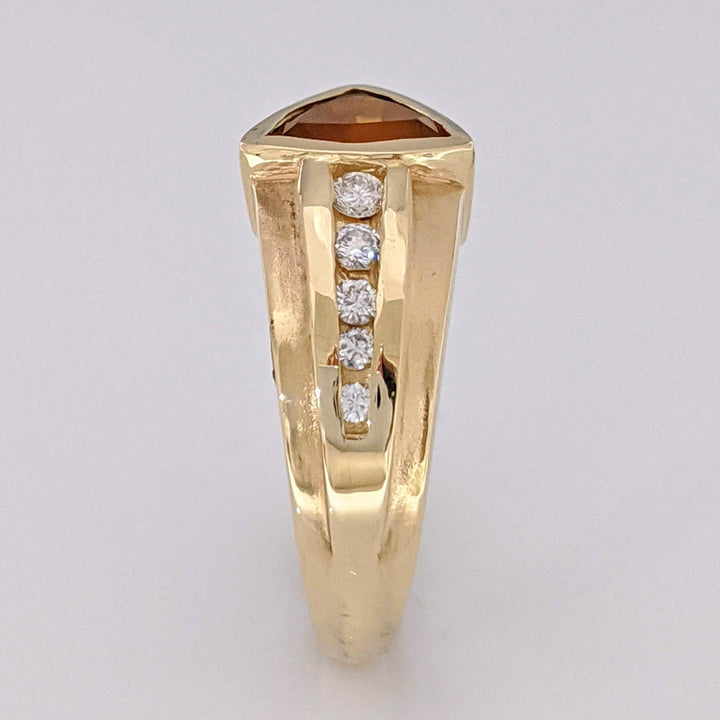 14K CITRINE TRILLION CUT 8MM BEZEL WITH (5) MELEE ESTATE RING 6.6 GRAMS