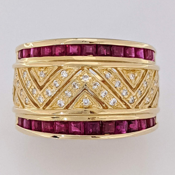 18K RUBY PRINCESS CUT (26) CHANNEL WITH .20 DIAMOND TOTAL WEIGHT (40) ESTATE BAND 9.8 GRAMS