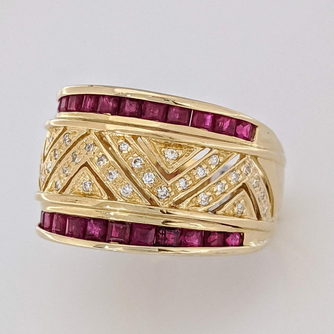 18K RUBY PRINCESS CUT (26) CHANNEL WITH .20 DIAMOND TOTAL WEIGHT (40) ESTATE BAND 9.8 GRAMS