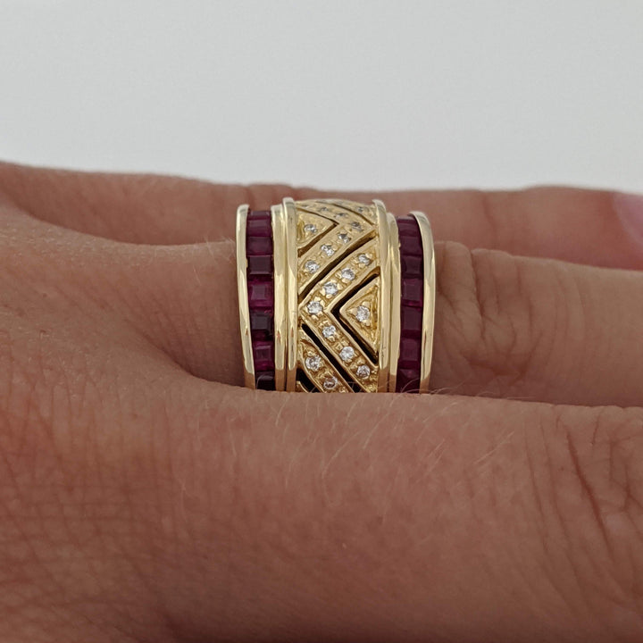 18K RUBY PRINCESS CUT (26) CHANNEL WITH .20 DIAMOND TOTAL WEIGHT (40) ESTATE BAND 9.8 GRAMS