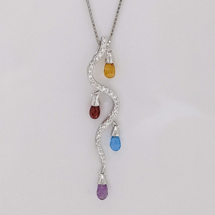 18K WHITE .33 DIAMOND TOTAL WEIGHT (31) ROUND SWIRL WITH CITRINE, GARNET, BLUE TOPAZ, AMETHYST BELL ESTATE PENDANT & CHAIN 4.7 GRAMS