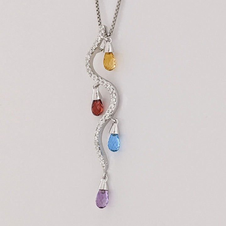 18K WHITE .33 DIAMOND TOTAL WEIGHT (31) ROUND SWIRL WITH CITRINE, GARNET, BLUE TOPAZ, AMETHYST BELL ESTATE PENDANT & CHAIN 4.7 GRAMS