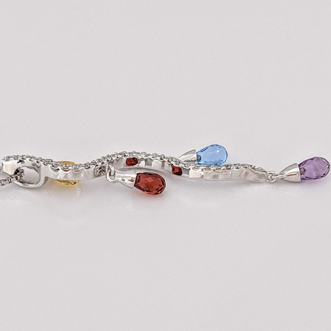 18K WHITE .33 DIAMOND TOTAL WEIGHT (31) ROUND SWIRL WITH CITRINE, GARNET, BLUE TOPAZ, AMETHYST BELL ESTATE PENDANT & CHAIN 4.7 GRAMS