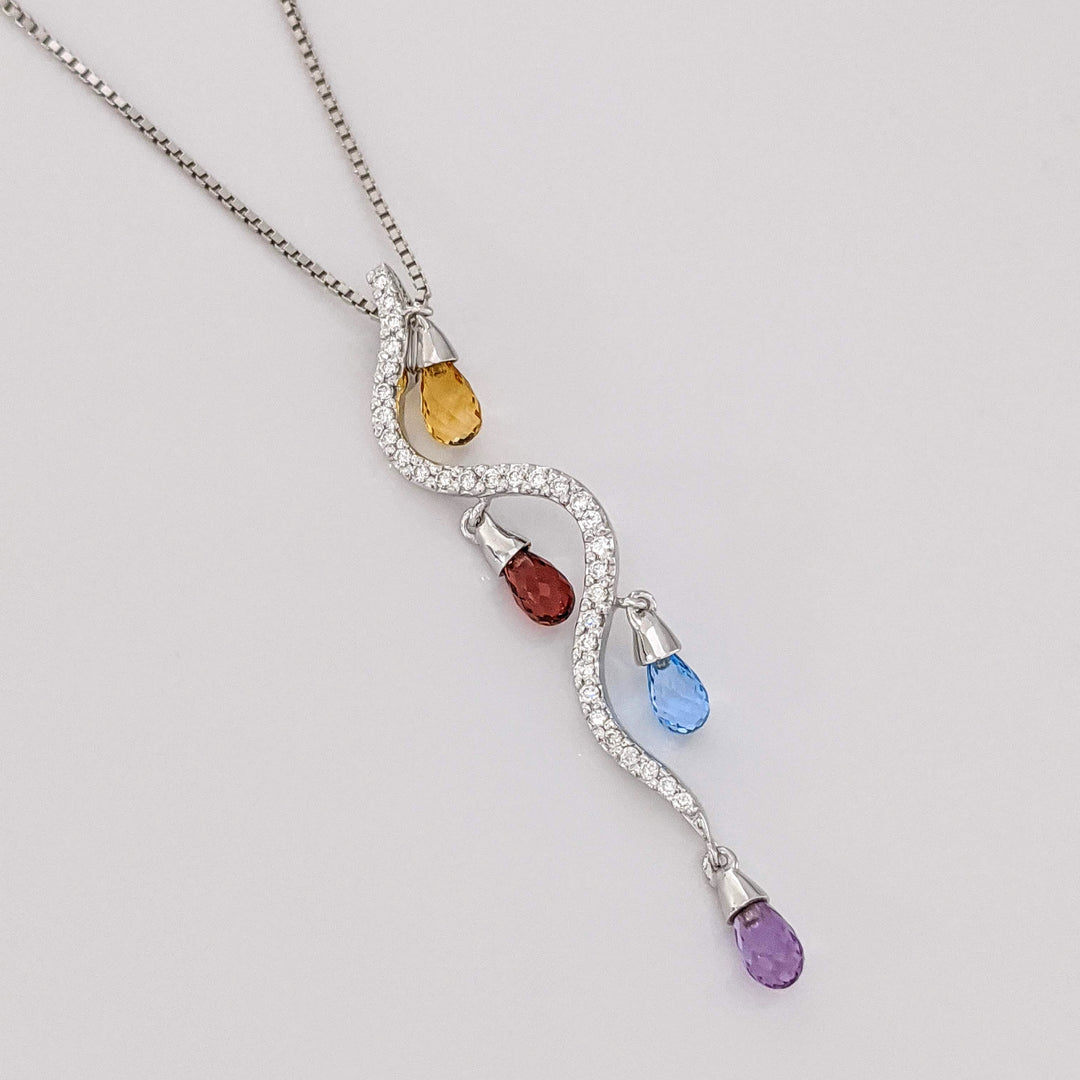 18K WHITE .33 DIAMOND TOTAL WEIGHT (31) ROUND SWIRL WITH CITRINE, GARNET, BLUE TOPAZ, AMETHYST BELL ESTATE PENDANT & CHAIN 4.7 GRAMS