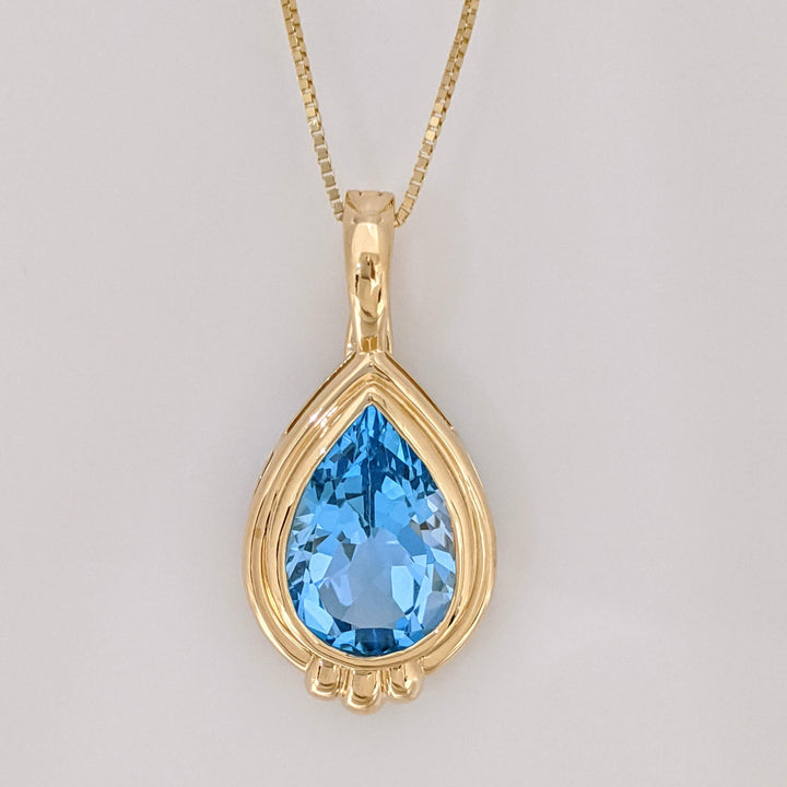 14K BLUE TOPAZ PEAR 10X15 BEZEL ESTATE PENDANT & CHAIN 6.6 GRAMS
