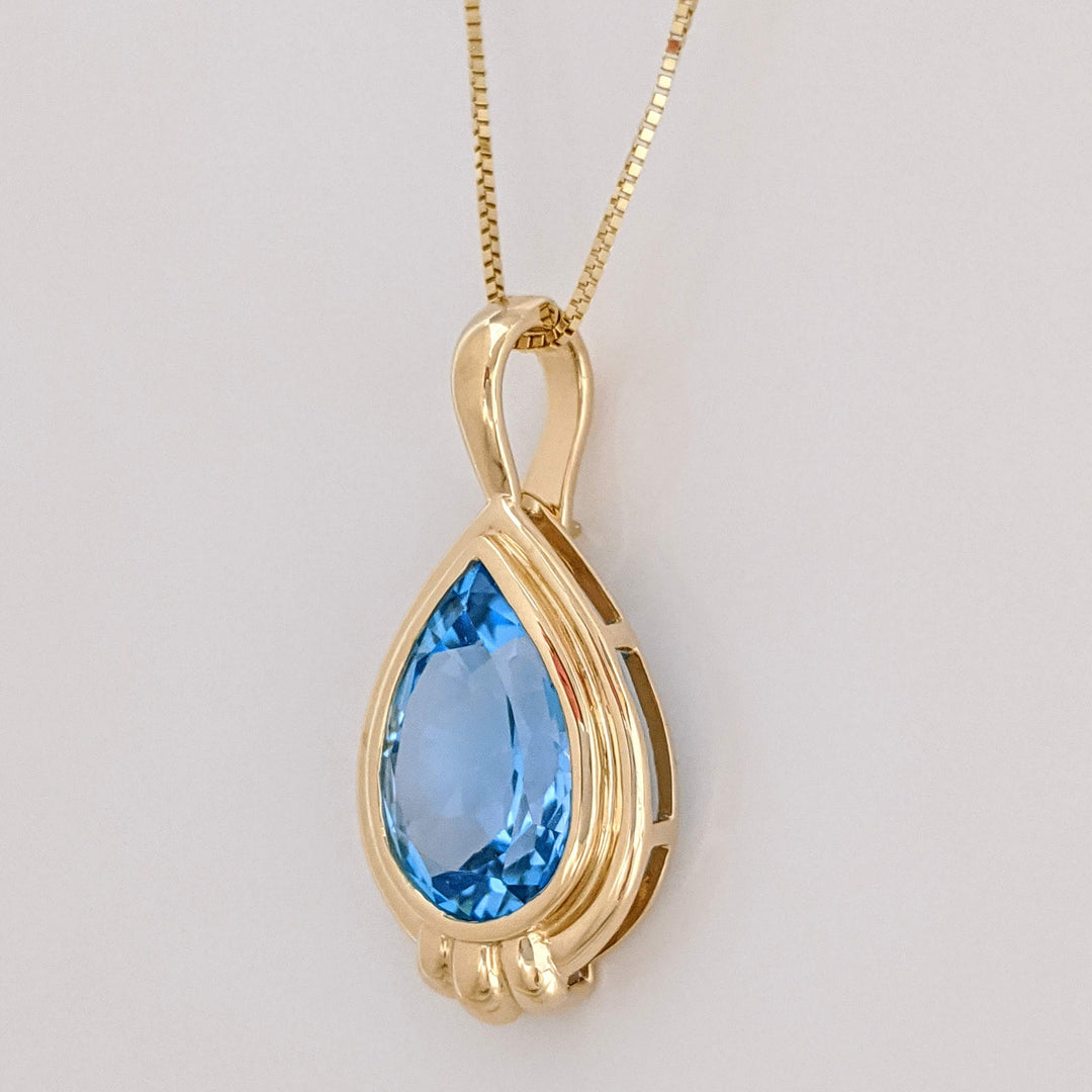 14K BLUE TOPAZ PEAR 10X15 BEZEL ESTATE PENDANT & CHAIN 6.6 GRAMS