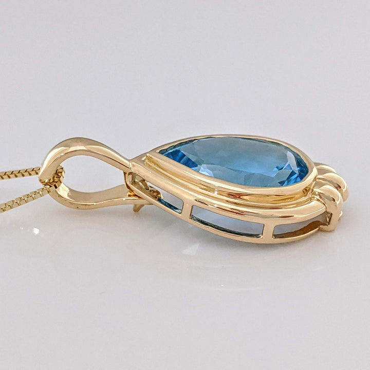 14K BLUE TOPAZ PEAR 10X15 BEZEL ESTATE PENDANT & CHAIN 6.6 GRAMS