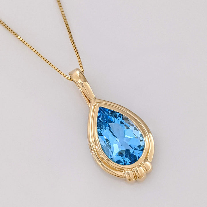 14K BLUE TOPAZ PEAR 10X15 BEZEL ESTATE PENDANT & CHAIN 6.6 GRAMS