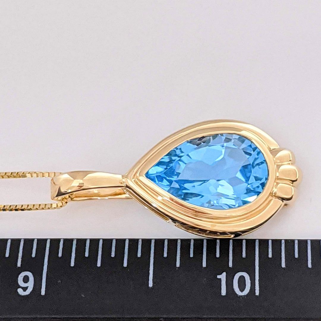 14K BLUE TOPAZ PEAR 10X15 BEZEL ESTATE PENDANT & CHAIN 6.6 GRAMS