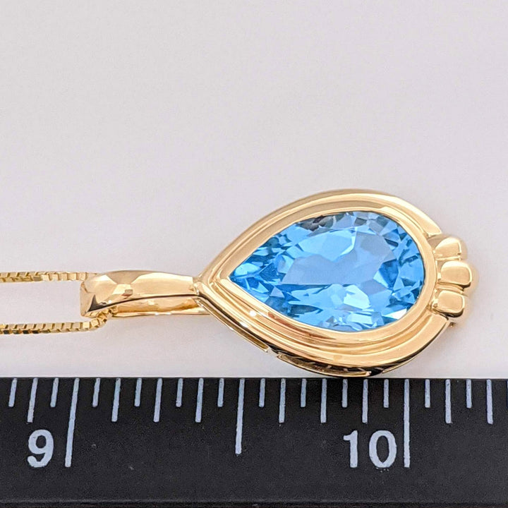 14K BLUE TOPAZ PEAR 10X15 BEZEL ESTATE PENDANT & CHAIN 6.6 GRAMS