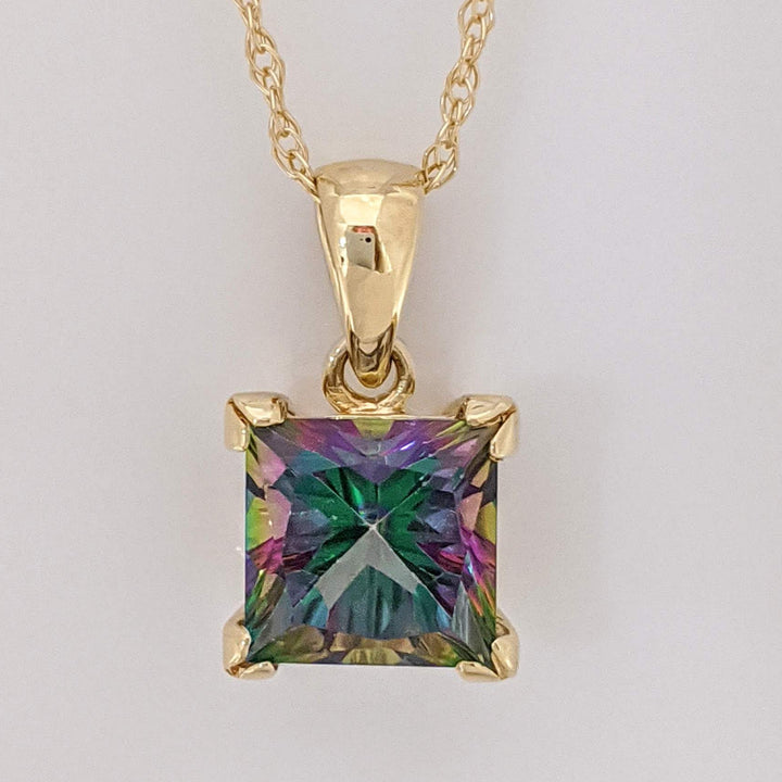 14K MYSTIC TOPAZ PRINCESS CUT 7MM ESTATE PENDANT & CHAIN 2.3 GRAMS
