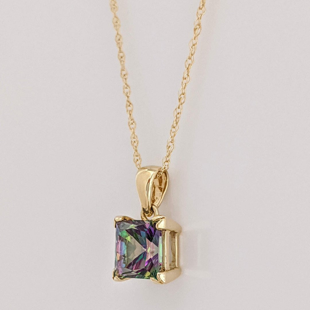 14K MYSTIC TOPAZ PRINCESS CUT 7MM ESTATE PENDANT & CHAIN 2.3 GRAMS