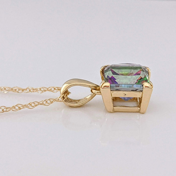 14K MYSTIC TOPAZ PRINCESS CUT 7MM ESTATE PENDANT & CHAIN 2.3 GRAMS