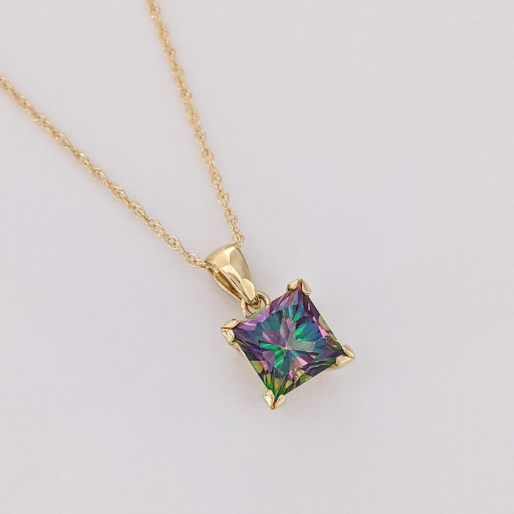 14K MYSTIC TOPAZ PRINCESS CUT 7MM ESTATE PENDANT & CHAIN 2.3 GRAMS