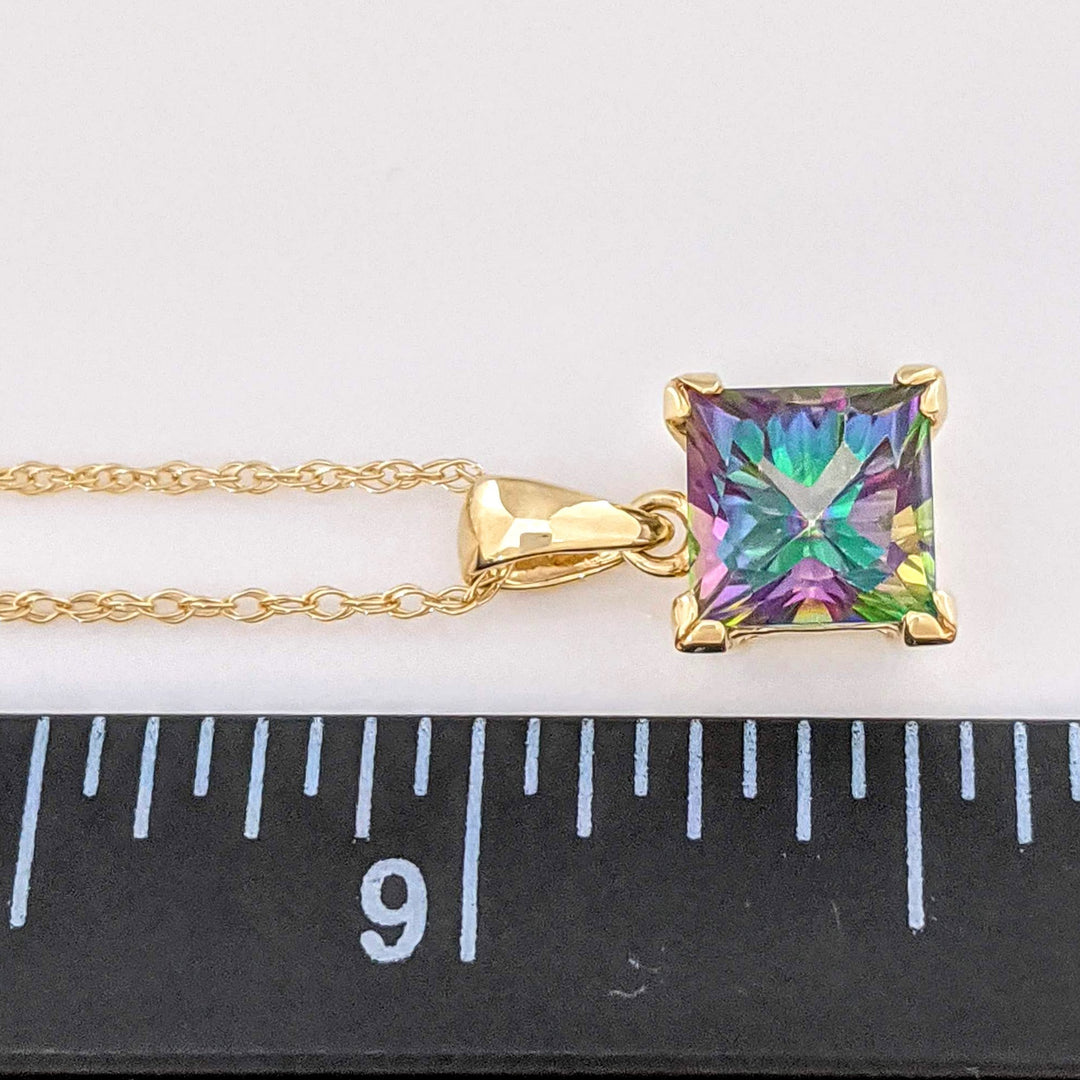 14K MYSTIC TOPAZ PRINCESS CUT 7MM ESTATE PENDANT & CHAIN 2.3 GRAMS