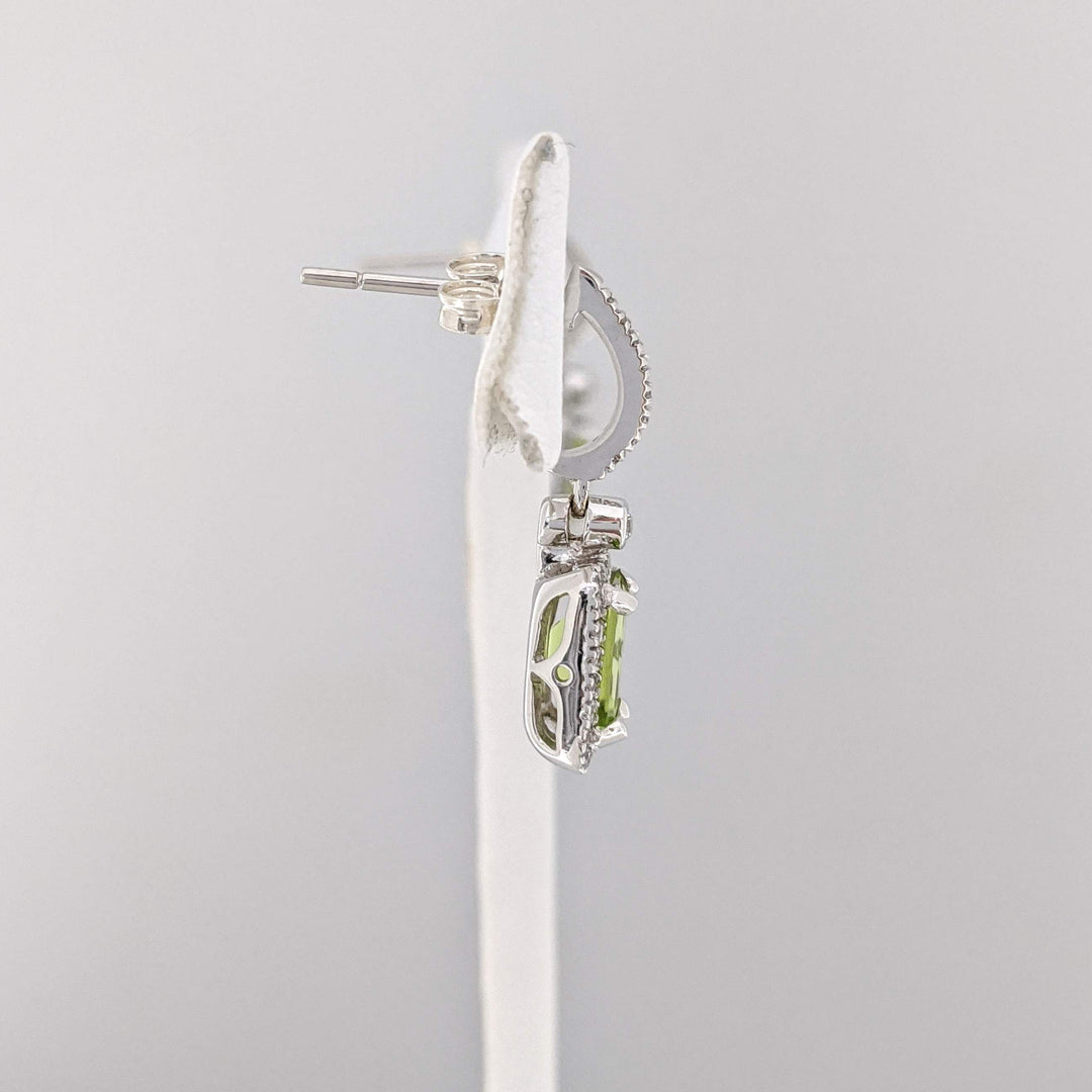 14K WHITE PERIDOT EMERALD CUT 5X7 WITH .33 DIAMOND TOTAL WEIGHT (66) ESTATE DANGLE EARRINGS 3.2 GRAMS